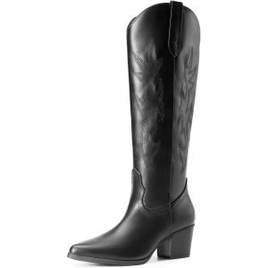 image:imageDREAM PAIRS Cowboy Boots for Women Cowgirl Knee High Boots Comfortable Pull On Zipper Chunky Heel Pointed Toe Embroidered Western BootsBlack