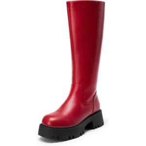 image:imageDREAM PAIRS Knee High Boots Comfortable Chunky Platform RoundToe Side Zip Boots for WomenRed