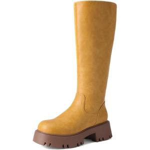 image:imageDREAM PAIRS Knee High Boots Comfortable Chunky Platform RoundToe Side Zip Boots for WomenYellow