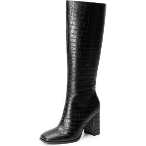 image:imageDREAM PAIRS Knee High Boots for Women Square Toe Gogo Chunky Heel Tall Boot Fashion Side Zipper Long BootBlackcroco