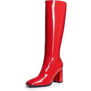 image:imageDREAM PAIRS Knee High Boots for Women Square Toe Gogo Chunky Heel Tall Boot Fashion Side Zipper Long BootRedpat