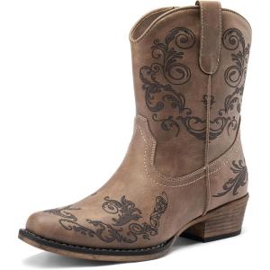 image:imageDREAM PAIRS Womens Cowboy Cowgirl Western Ankle Boots Low Chunky Heels Square Toe Fall Short Booties ShoesBrown