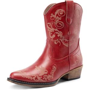 image:imageDREAM PAIRS Womens Cowboy Cowgirl Western Ankle Boots Low Chunky Heels Square Toe Fall Short Booties ShoesRed
