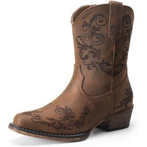image:imageDREAM PAIRS Womens Cowboy Cowgirl Western Ankle Boots Low Chunky Heels Square Toe Fall Short Booties ShoesTan