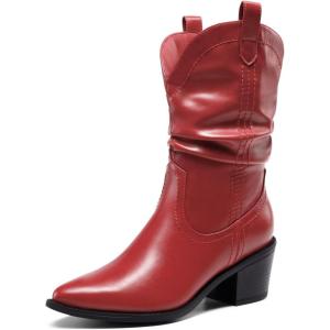 image:imageDREAM PAIRS Womens Cowgirl Boots Mid Calf Western Cowboy Chunky Heel Boots Slouchy amp Pullon Ankle Booties for womenRed