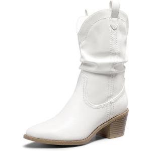 image:imageDREAM PAIRS Womens Cowgirl Boots Mid Calf Western Cowboy Chunky Heel Boots Slouchy amp Pullon Ankle Booties for womenWhite