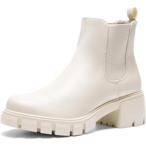image:imageDREAM PAIRS Womens Elastic Chelsea Ankle Boots Platform Low Chunky Block Heel Lug Sole Slip on Fall Heeled Booties ShoesBeige