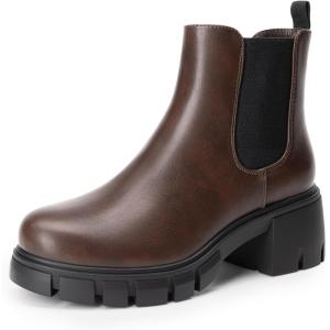 image:imageDREAM PAIRS Womens Elastic Chelsea Ankle Boots Platform Low Chunky Block Heel Lug Sole Slip on Fall Heeled Booties ShoesBrown