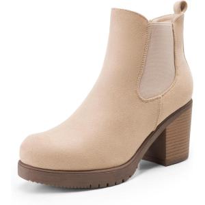image:imageDREAM PAIRS Womens High Chunky Heel Chelsea Ankle Boots Slip On Elastic Fall Heeled Booties ShoesNudesuede