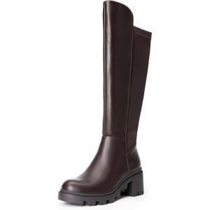 image:imageDREAM PAIRS Womens Knee High Boots Comfortable Platform Round Toe Stretch Boots for WomenBrownpu