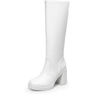 image:imageDREAM PAIRS Womens Knee High Boots Square Toe Chunky Block Heel Side Zipper Platform Gogo BootsWhite