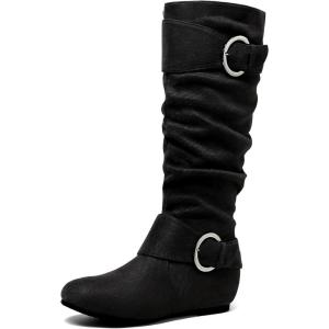 image:imageDREAM PAIRS Womens Knee High Low Hidden Wedge Boots Suede Faux Fur Lining Side Zipper Knee High Buckle BootsBlackSuede