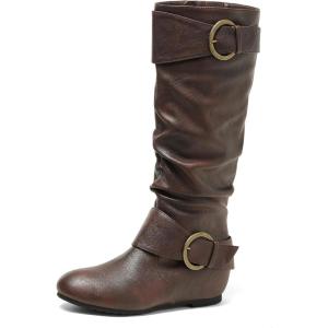 image:imageDREAM PAIRS Womens Knee High Low Hidden Wedge Boots Suede Faux Fur Lining Side Zipper Knee High Buckle BootsBrown