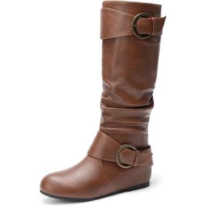 image:imageDREAM PAIRS Womens Knee High Low Hidden Wedge Boots Suede Faux Fur Lining Side Zipper Knee High Buckle BootsLight Brown