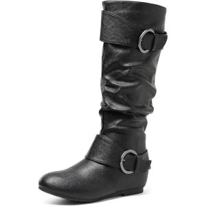 image:imageDREAM PAIRS Womens Knee High Low Hidden Wedge Boots Suede Faux Fur Lining Side Zipper Knee High Buckle BootsUrablack