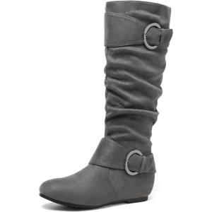 image:imageDREAM PAIRS Womens Knee High Low Hidden Wedge Boots Suede Faux Fur Lining Side Zipper Knee High Buckle BootsUragrey Suede