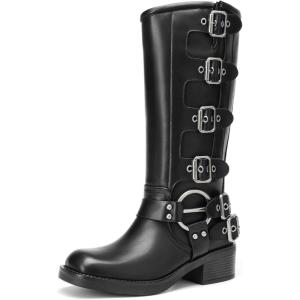 image:imageDREAM PAIRS Womens Knee High Riding Boots Side Zipper Motorcycle Boots Square Toe Chunky Heel Fashion Buckles Biker BootsBlack1
