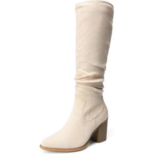 image:imageDREAM PAIRS Womens KneeHigh Boots Comfortable Chunky Block Heel Pointed Toe Pull On Side Zipper Suede Slouch Riding BootsBeige