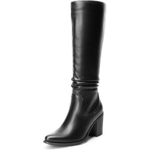 image:imageDREAM PAIRS Womens KneeHigh Boots Comfortable Chunky Block Heel Pointed Toe Pull On Side Zipper Suede Slouch Riding BootsBlackpu