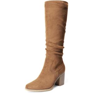 image:imageDREAM PAIRS Womens KneeHigh Boots Comfortable Chunky Block Heel Pointed Toe Pull On Side Zipper Suede Slouch Riding BootsCamel