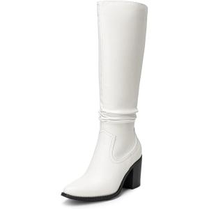 image:imageDREAM PAIRS Womens KneeHigh Boots Comfortable Chunky Block Heel Pointed Toe Pull On Side Zipper Suede Slouch Riding BootsWhitepu