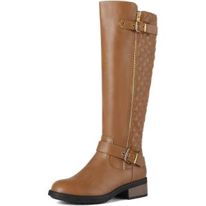 image:imageDREAM PAIRS Womens KneeHigh Boots Comfortable Chunky Block Heel Round Toe Side Zipper Riding Fashion Buckles Biker Motorcycle BootsCamel