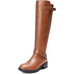 image:imageDREAM PAIRS Womens KneeHigh Boots Comfortable Chunky Block Heel Round Toe Side Zipper Riding Fashion Buckles Biker Motorcycle BootsLight Brown