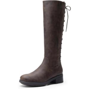 image:imageDREAM PAIRS Womens Lace Up Back Knee High Fashion Boots Low Block Heel Riding Boots Round Toe Side Zipper Fall BootsBrownnubuck
