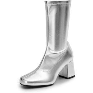 image:imageDREAM PAIRS Womens Mid Calf Gogo Boots Low Block Heel Square Toe Ankle Boot with Zipper for Party Cosplay DanceMetallic Silver