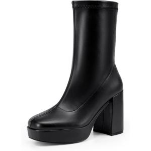 image:imageDREAM PAIRS Womens Mid Calf Gogo Boots Platform High Chunky Block Heel Square Toe Ankle BootsBlackpu