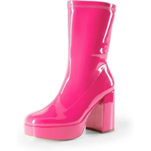 image:imageDREAM PAIRS Womens Mid Calf Gogo Boots Platform High Chunky Block Heel Square Toe Ankle BootsHot Pinkpat
