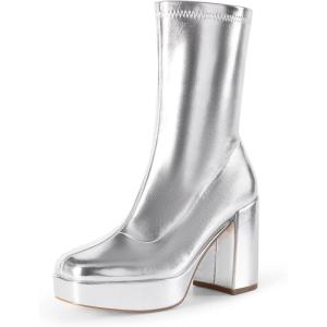 image:imageDREAM PAIRS Womens Mid Calf Gogo Boots Platform High Chunky Block Heel Square Toe Ankle BootsMetallic Silver