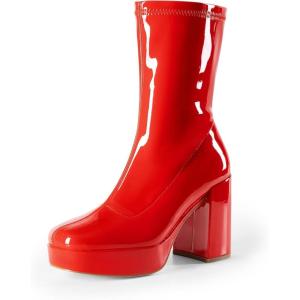 image:imageDREAM PAIRS Womens Mid Calf Gogo Boots Platform High Chunky Block Heel Square Toe Ankle BootsRedpat