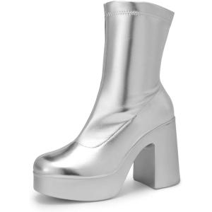 image:imageDREAM PAIRS Womens Platform Gogo Ankle Boots High Chunky Block Heel Square Toe Booties ShoesSilver