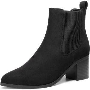image:imageDREAM PAIRS Womens Retro Elastic Chelsea Ankle Boots Fashion Low Chunky Block Heel Pointed Toe Fall Heeled Booties ShoesBlacksuede