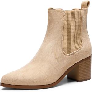 image:imageDREAM PAIRS Womens Retro Elastic Chelsea Ankle Boots Fashion Low Chunky Block Heel Pointed Toe Fall Heeled Booties ShoesNudesuede