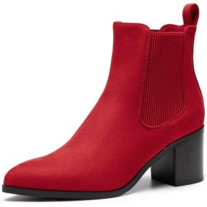 image:imageDREAM PAIRS Womens Retro Elastic Chelsea Ankle Boots Fashion Low Chunky Block Heel Pointed Toe Fall Heeled Booties ShoesRedsuede