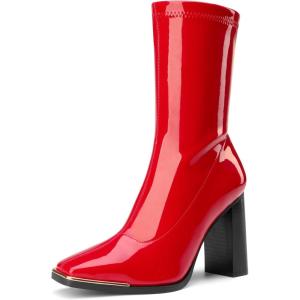 image:imageDREAM PAIRS Womens Square Toe Gogo Boots Elastic Ankle Boots High Chunky Block Heel Mid Calf BootsRedPu