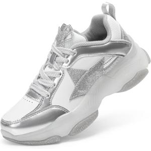 image:imageDREAM PAIRS Girls Sneakers Lace up Lightweight Sparkle StarGlow Breathable Jelly Sole Kids Walking Shoes Casual SportsSilverWhite