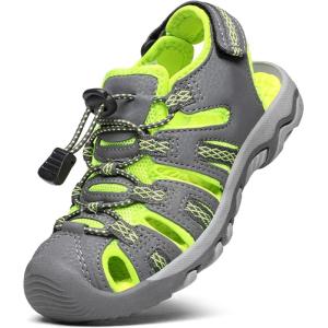 image:imageDREAM PAIRS Boys Girls Summer Outdoor Athletic Sport Sandals Walking Hiking Hook and Loop Adjustable Multicolor for ToddlerLittleBig KidsGreyNeonGreen