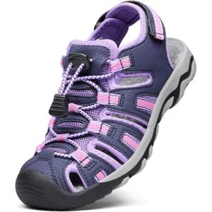 image:imageDREAM PAIRS Boys Girls Summer Outdoor Athletic Sport Sandals Walking Hiking Hook and Loop Adjustable Multicolor for ToddlerLittleBig KidsPurpleLightGrey