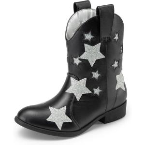 image:imageDREAM PAIRS Girls Cowgirl Boots Mid Calf Glitter Cowboy Western Boots Toddler Girls Star Riding ShoesBlack