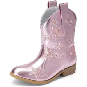 image:imageDREAM PAIRS Girls Cowgirl Boots Mid Calf Glitter Cowboy Western Boots Toddler Girls Star Riding ShoesPink
