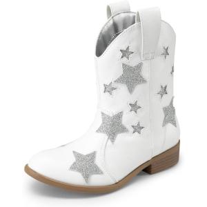 image:imageDREAM PAIRS Girls Cowgirl Boots Mid Calf Glitter Cowboy Western Boots Toddler Girls Star Riding ShoesWhite