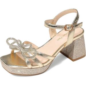 image:imageDREAM PAIRS Girls Sandals Open Toe Low Block Chunky Heels Sandals Bow Flower Party Dress Pumps Shoes for Little Big KidGoldglitter