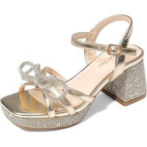 image:imageDREAM PAIRS Girls Sandals Open Toe Low Block Chunky Heels Sandals Bow Flower Party Dress Pumps Shoes for Little Big KidGoldmetallic