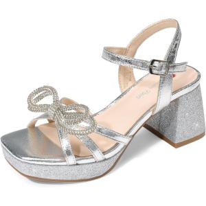 image:imageDREAM PAIRS Girls Sandals Open Toe Low Block Chunky Heels Sandals Bow Flower Party Dress Pumps Shoes for Little Big KidSilver