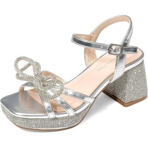 image:imageDREAM PAIRS Girls Sandals Open Toe Low Block Chunky Heels Sandals Bow Flower Party Dress Pumps Shoes for Little Big KidSilvermetallic