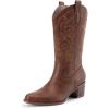 image:imageDREAM PAIRS Cowboy Boots for Women Cowgirl Western Boots Fashion Embroidery Stitched Chunky Heel Mid Calf BootsBrownpu