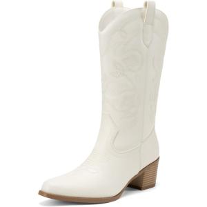 image:imageDREAM PAIRS Cowboy Boots for Women Cowgirl Western Boots Fashion Embroidery Stitched Chunky Heel Mid Calf BootsAll White